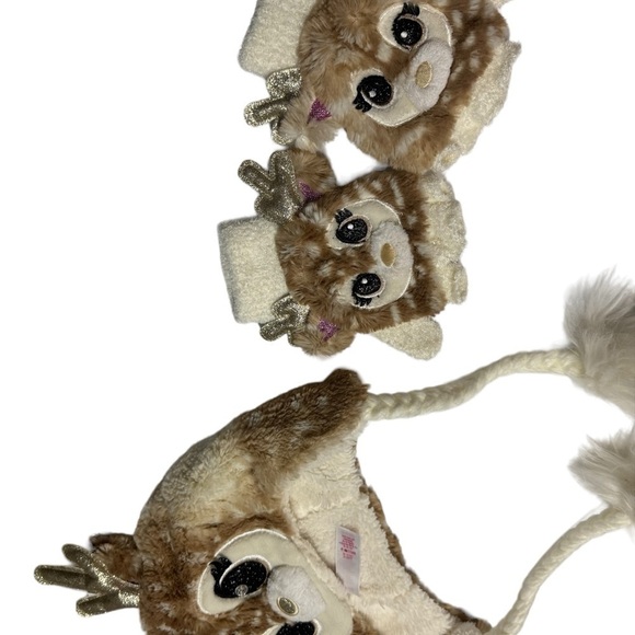 JUSTICE Girl's Deer Earflap Beanie Hat with Matching Gloves Set Cream One Sz EUC - Picture 5 of 15